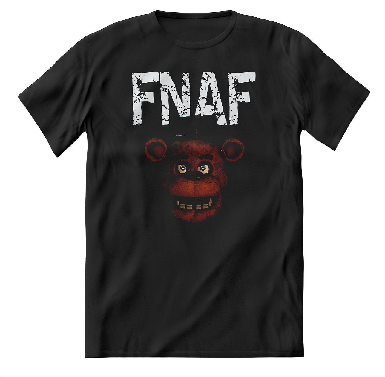 T-FNAF DISTRESSED WHITE TEXT with FREDDY HEAD-XL